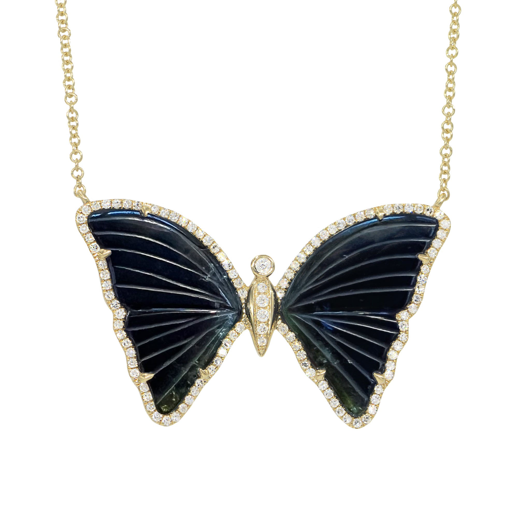 black dark navy and deep green tourmaline butterfly necklace with diamonds