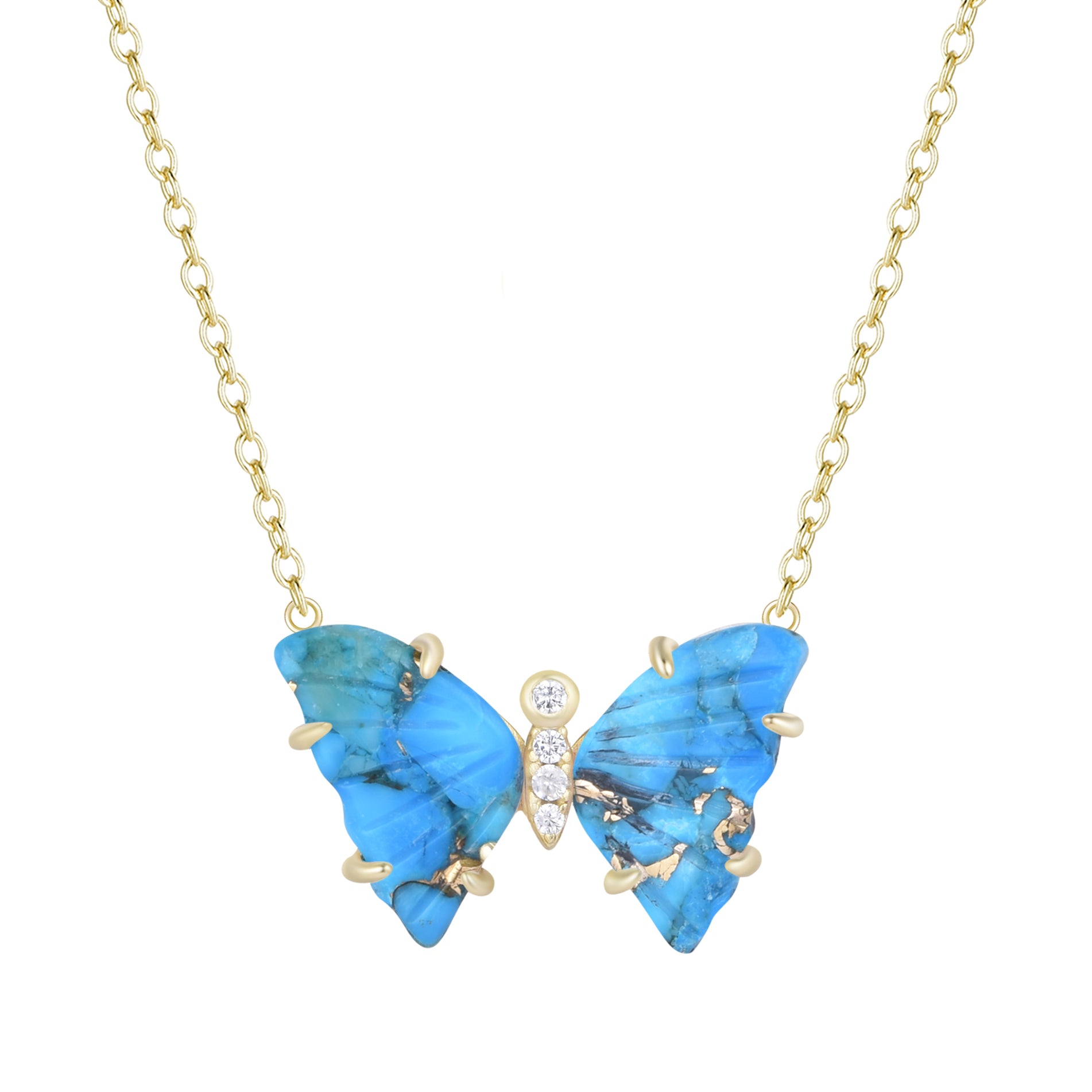 copper turquoise butterfly necklace with prongs blue green gold