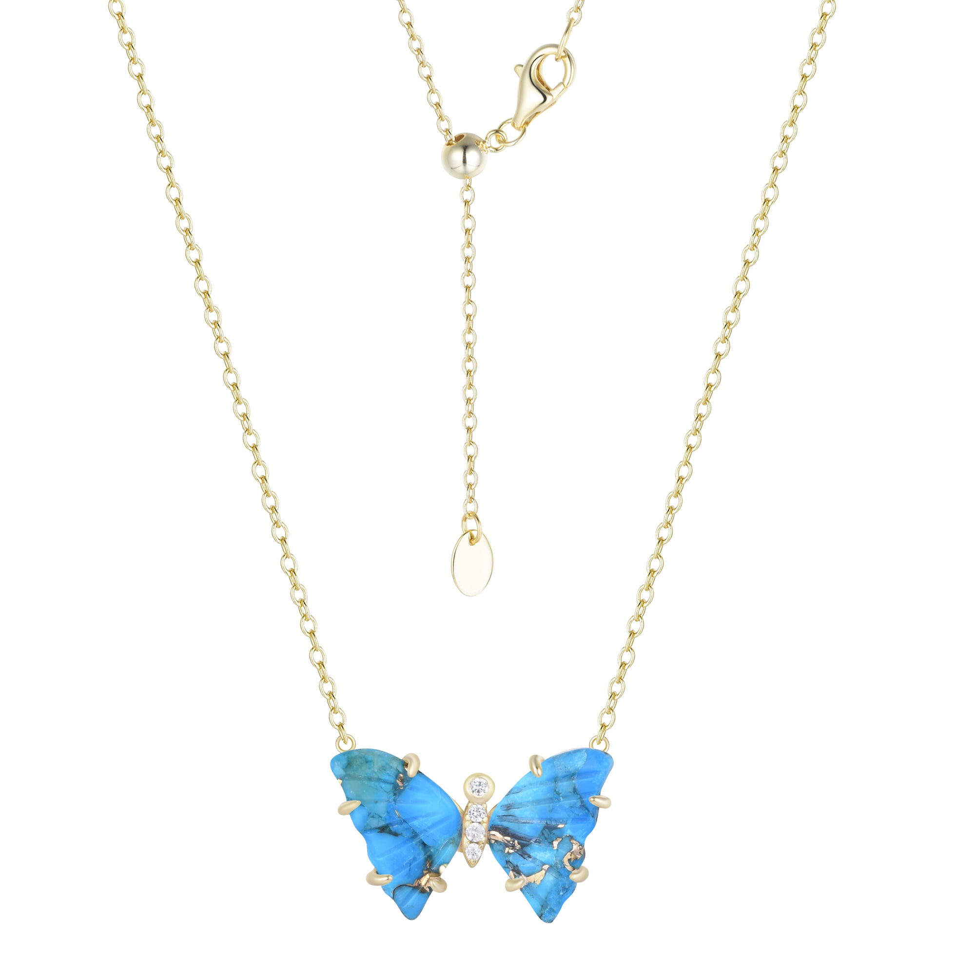 copper turquoise butterfly necklace with prongs blue green gold
