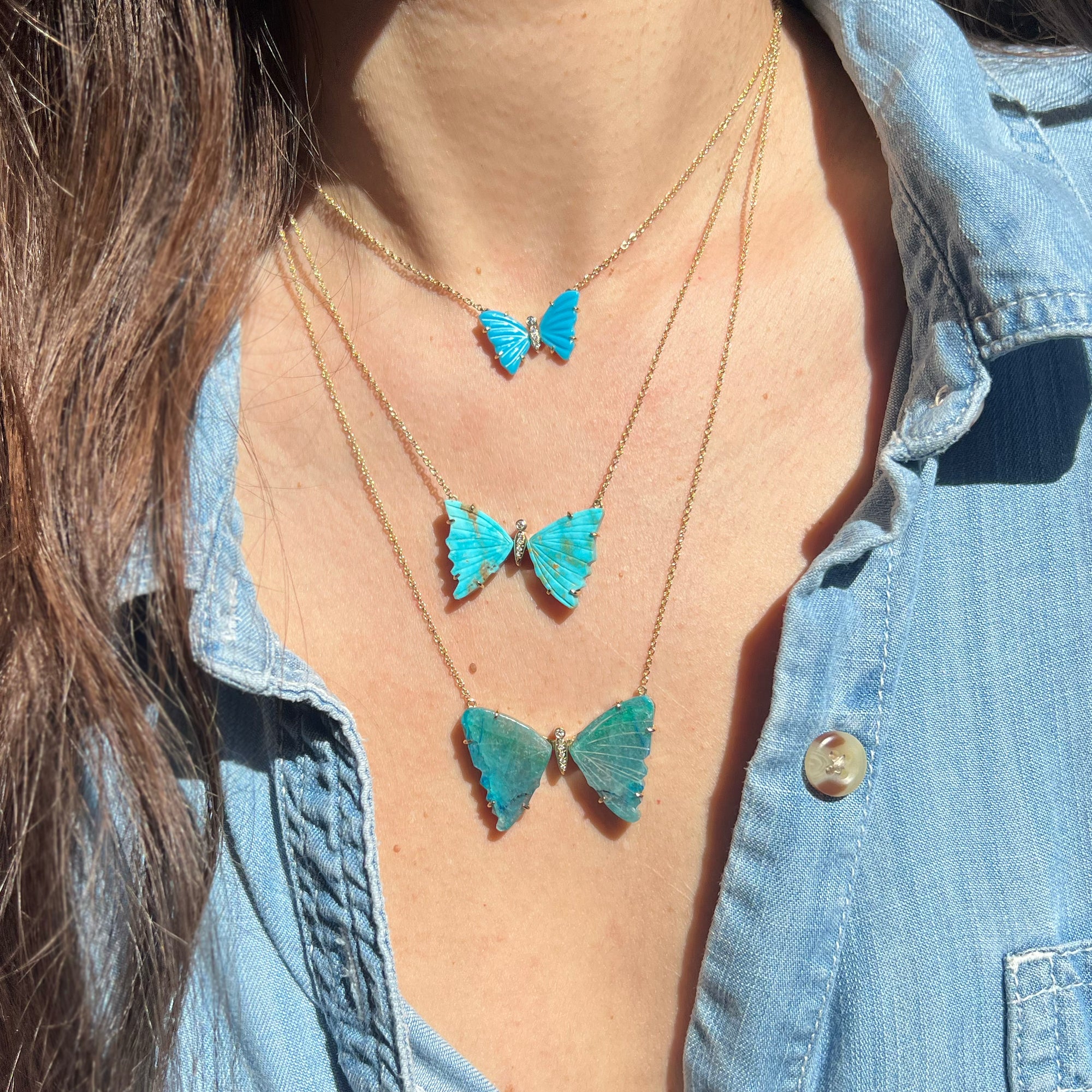 large chrysocolla butterfly necklace with diamonds and prongs