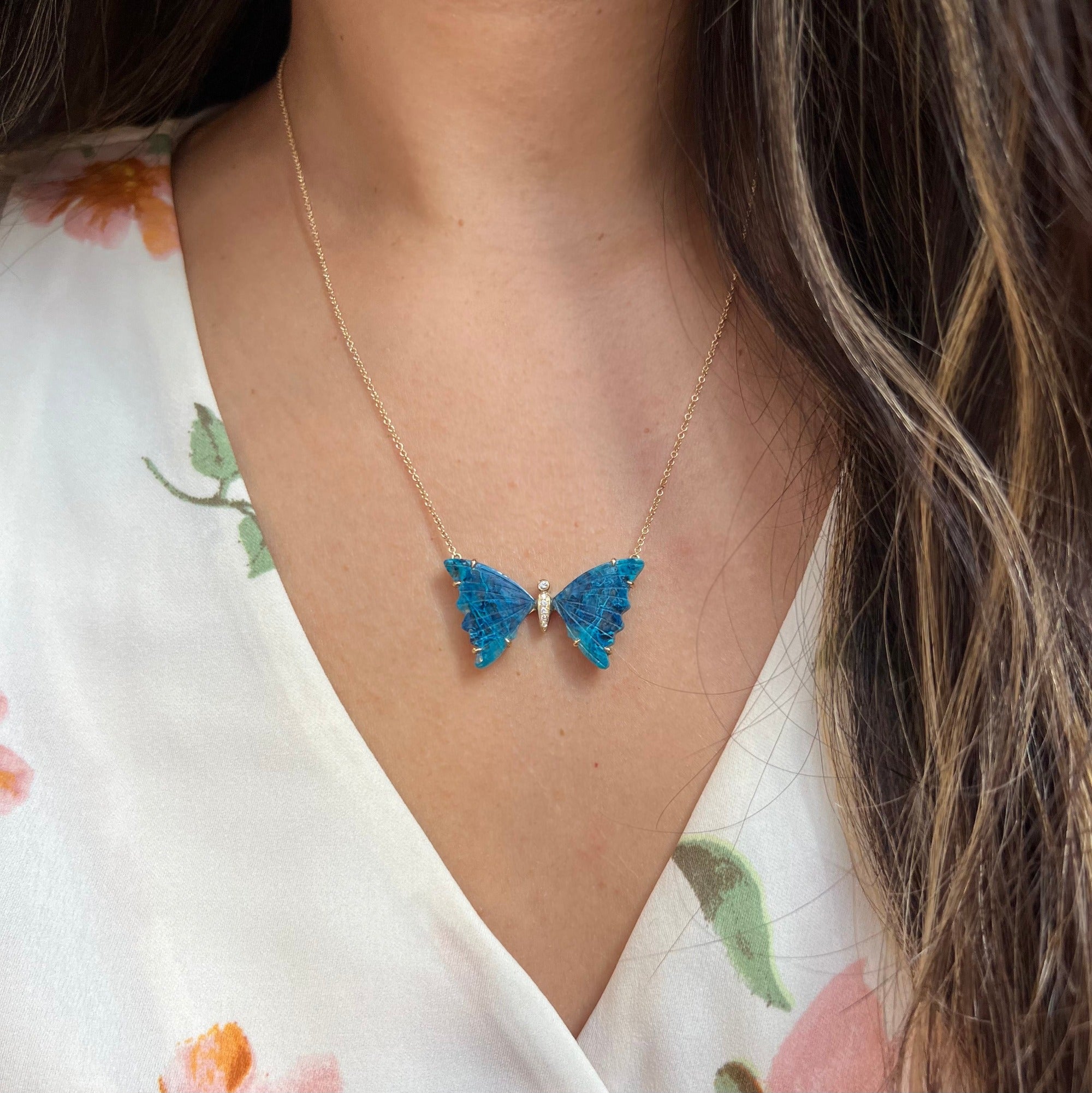 large chrysocolla butterfly necklace with prongs and diamonds
