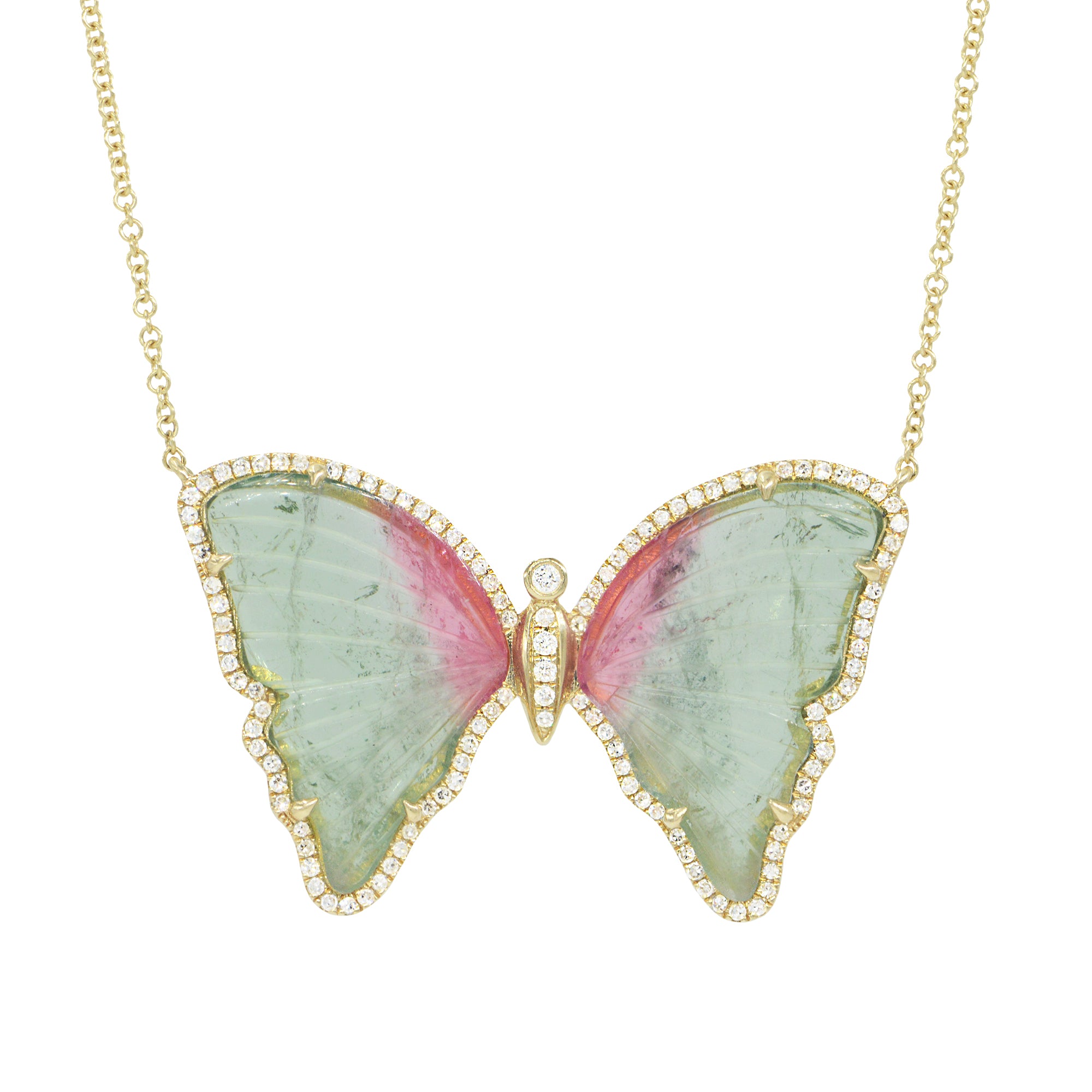 large green and pink tourmaline butterfly necklace with diamonds