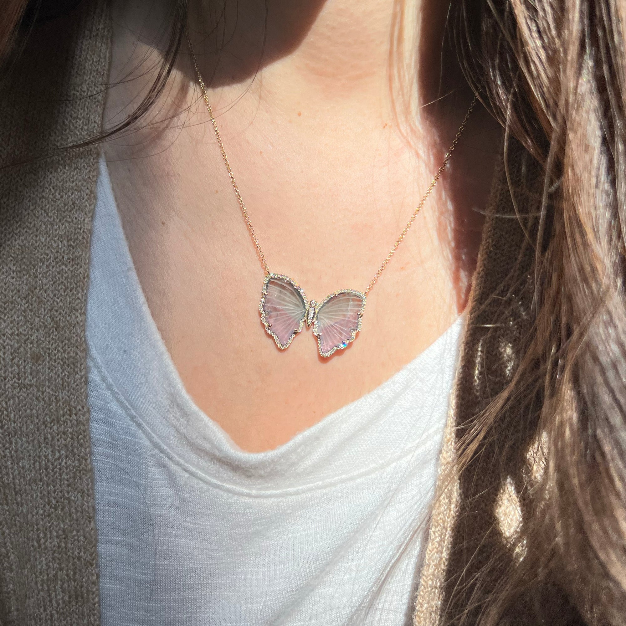 mauve and purple tourmaline butterfly necklace with diamonds