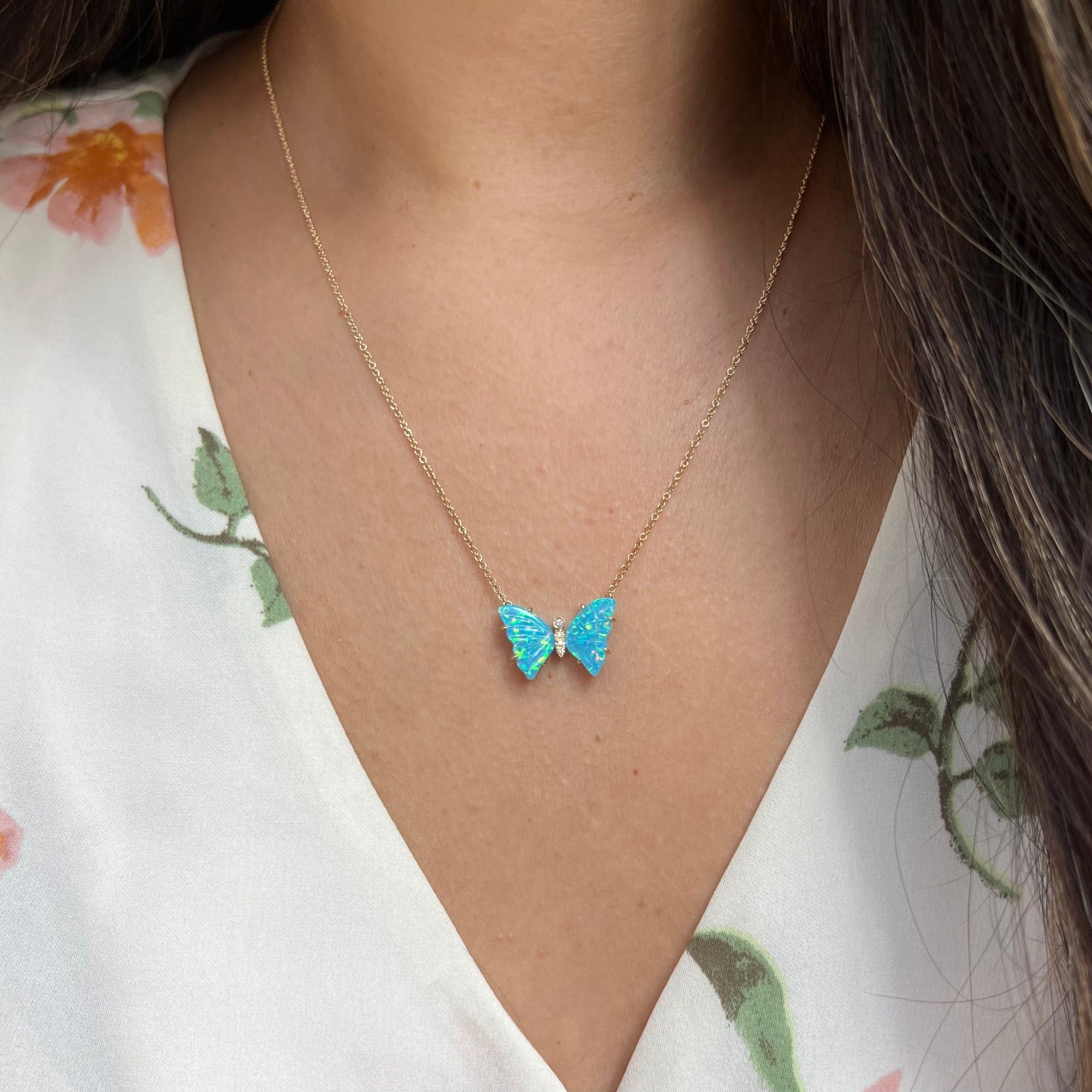 mini pronged butterfly necklace with diamonds in turquoise opal