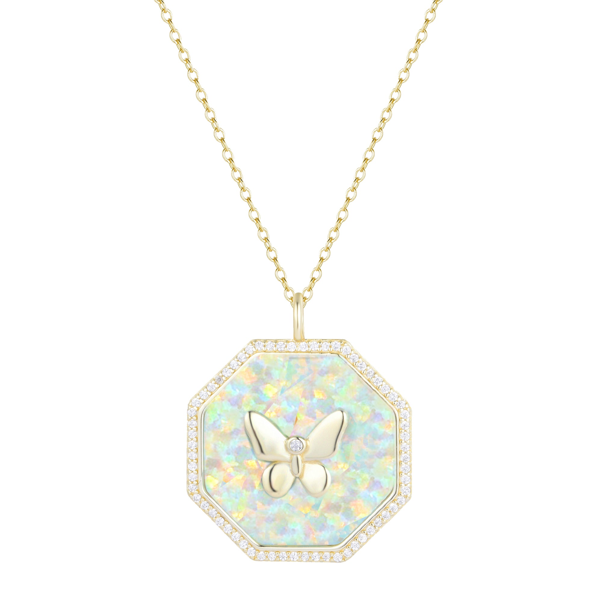 octagon butterfly necklace in light green opal