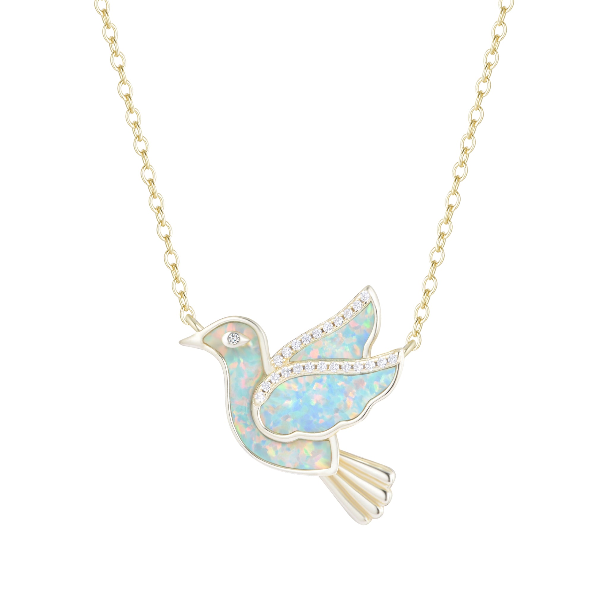 opal bird dove necklace with crystals light green gold