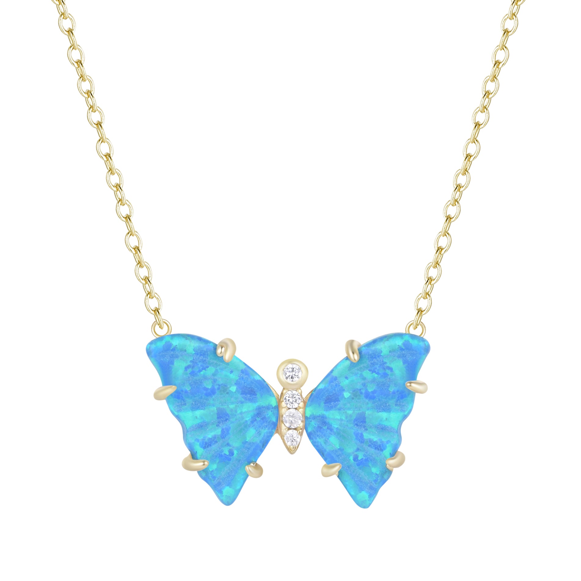 opal butterfly necklace with prongs blue green gold