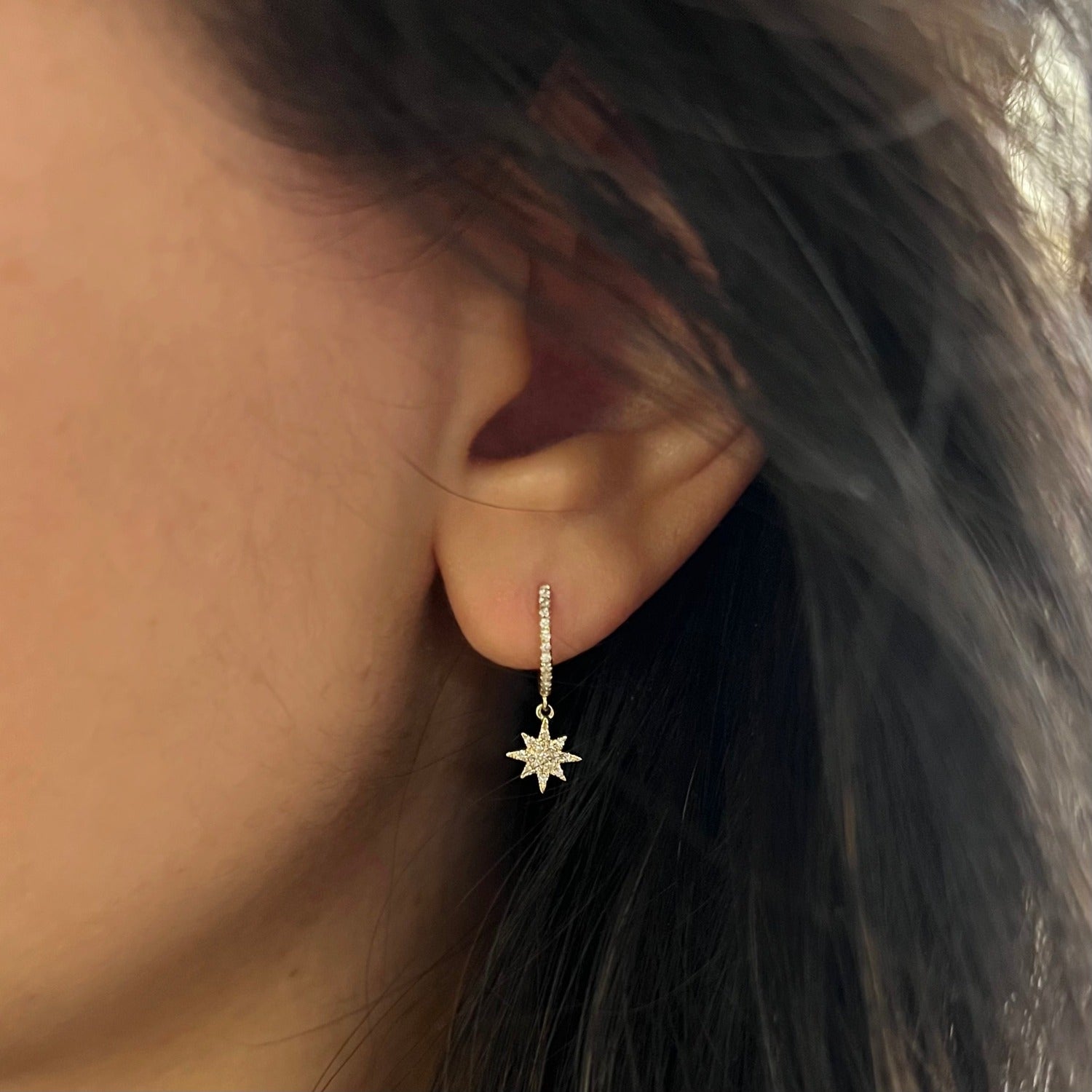 star dangle huggie earrings with diamonds