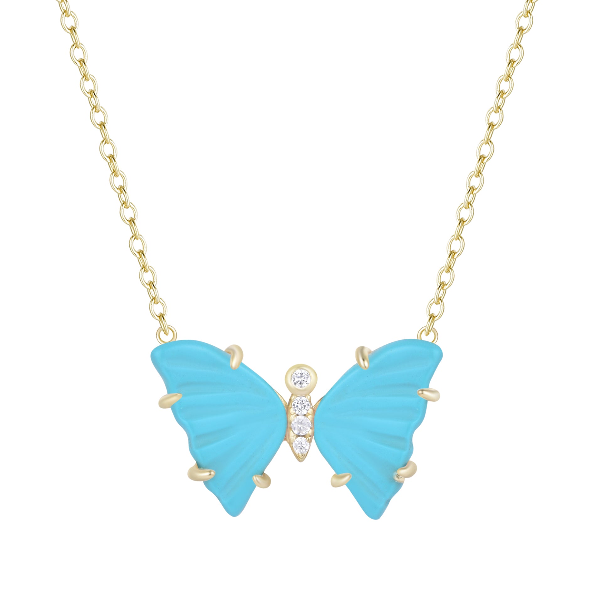 turquoise butterfly necklace with prongs blue green gold