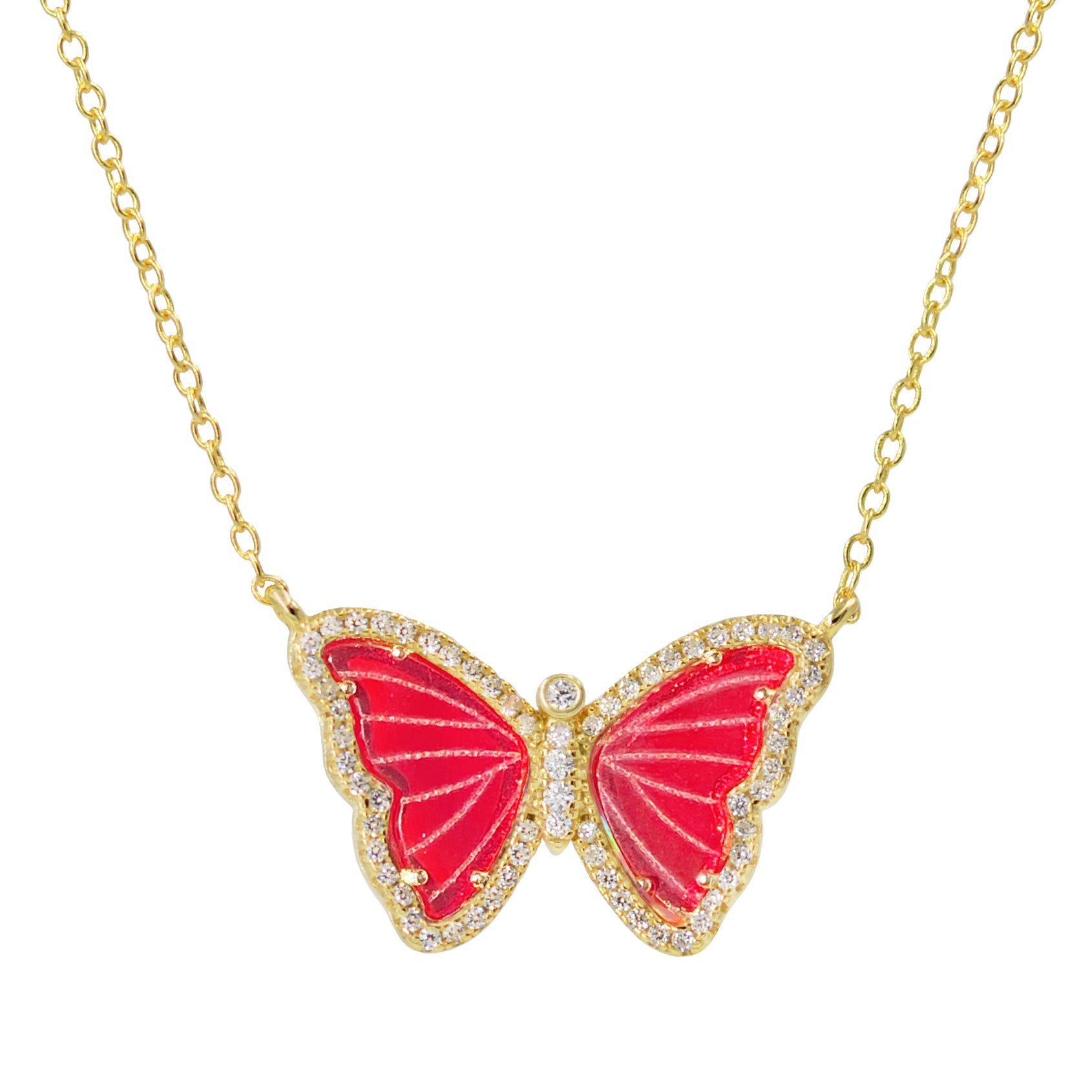 butterfly gemstone necklace with red jade in gold