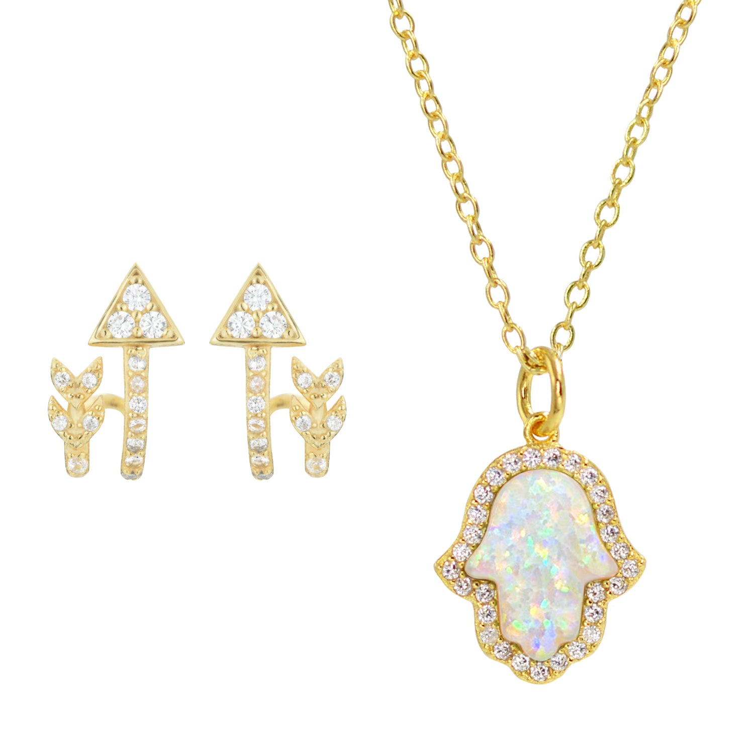 Gift Set | Opal Hamsa Necklace + Arrow Huggie Earrings