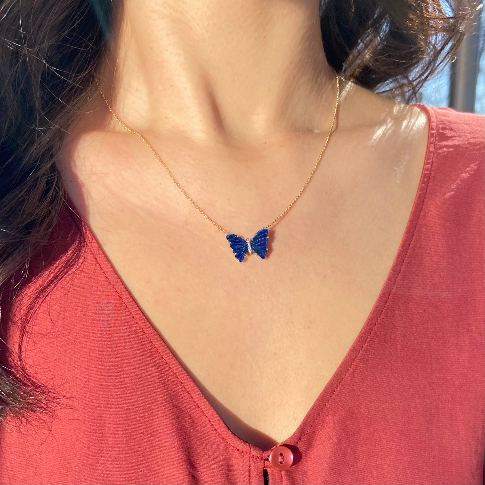 mini pronged butterfly necklace in carved blue lapis