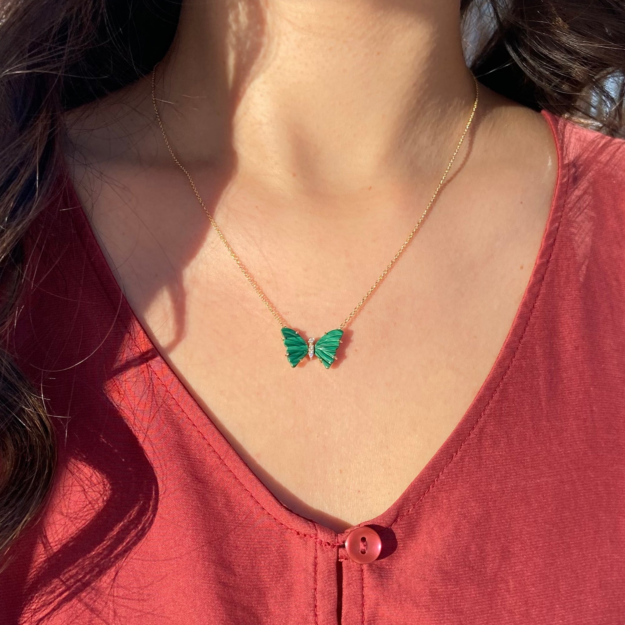 mini pronged butterfly necklace with diamonds in malachite