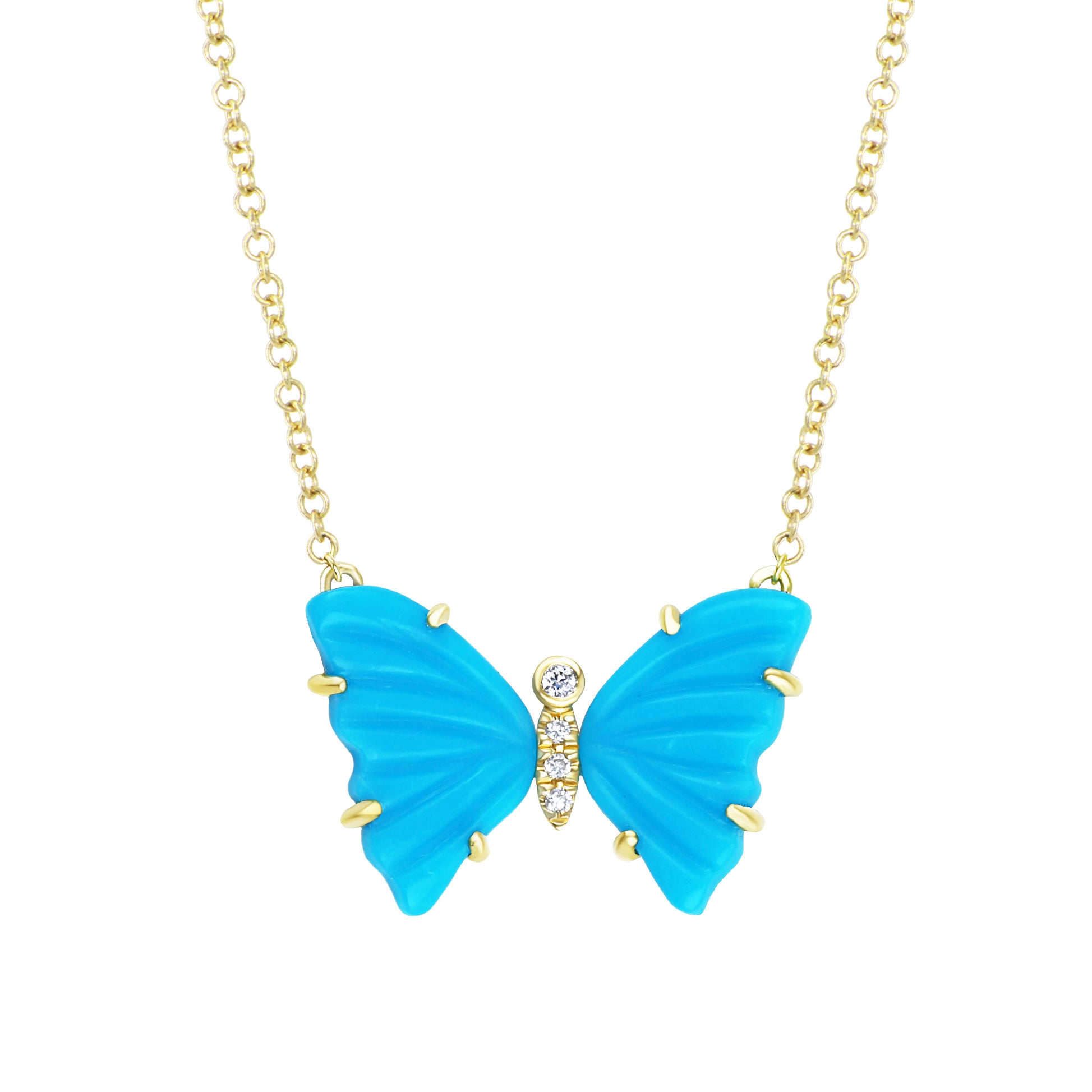 mini pronged butterfly necklace with diamonds in turquoise