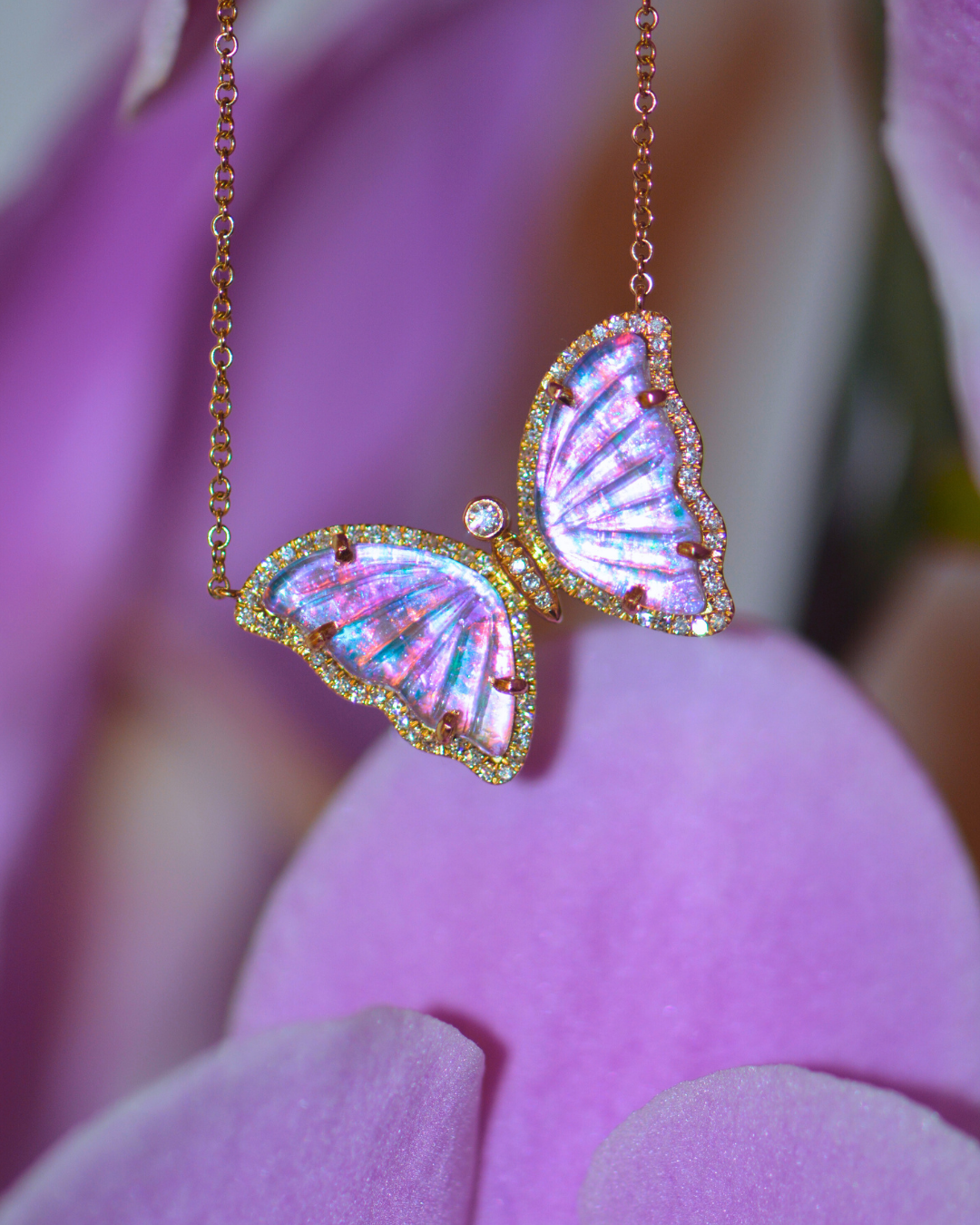 Vivid Orchid Lavender Amethyst Butterfly Necklace With Diamonds