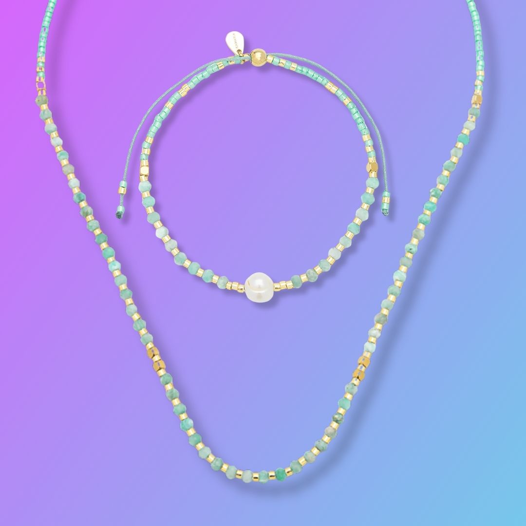 Gift Set | Lumira Necklace with Mini Pearl and Gemstone Adjustable Bracelet