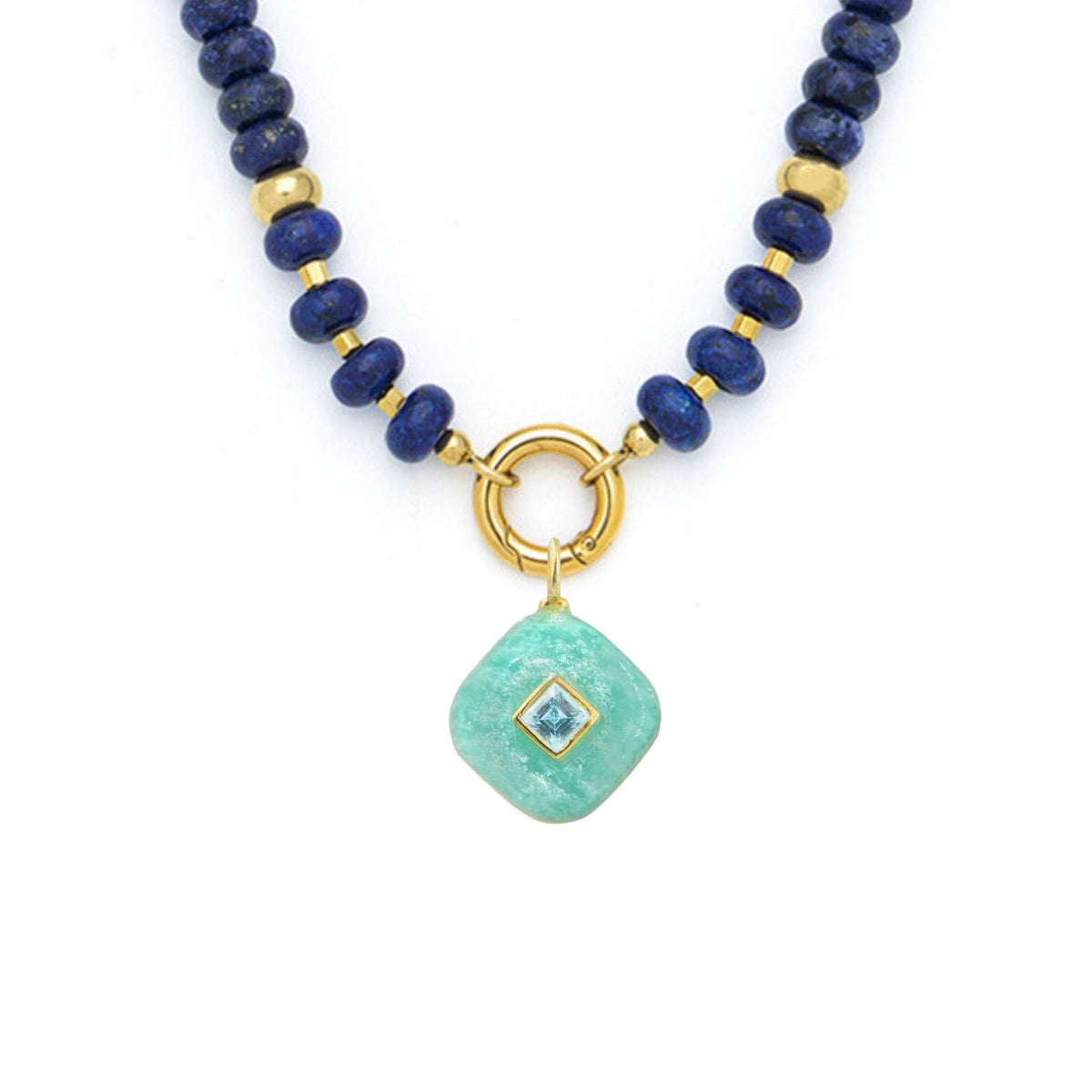 Amazonite Pendant and Raya Gemstone Necklace Diamond Lapis