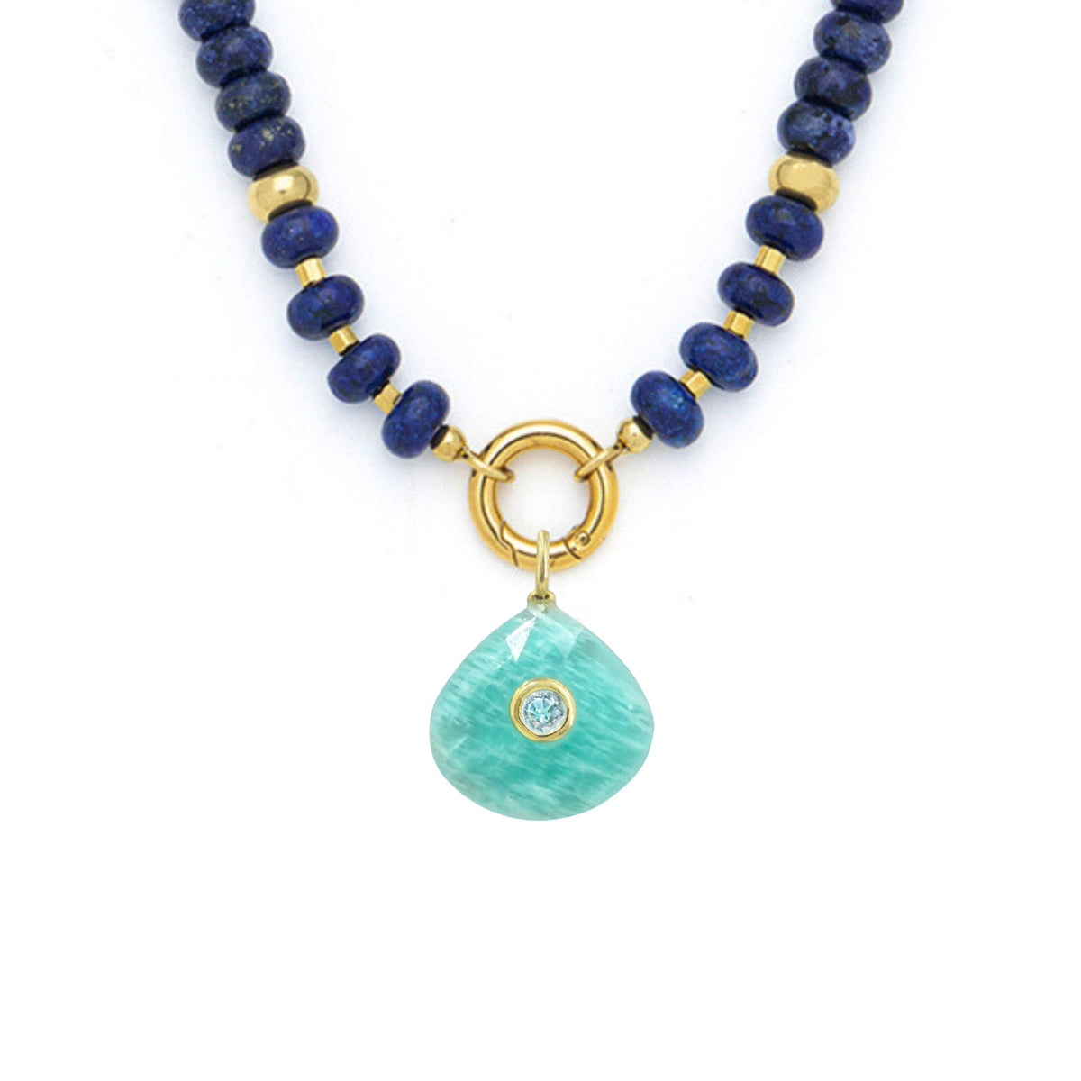 Amazonite Pendant and Raya Gemstone Necklace Fan Lapis