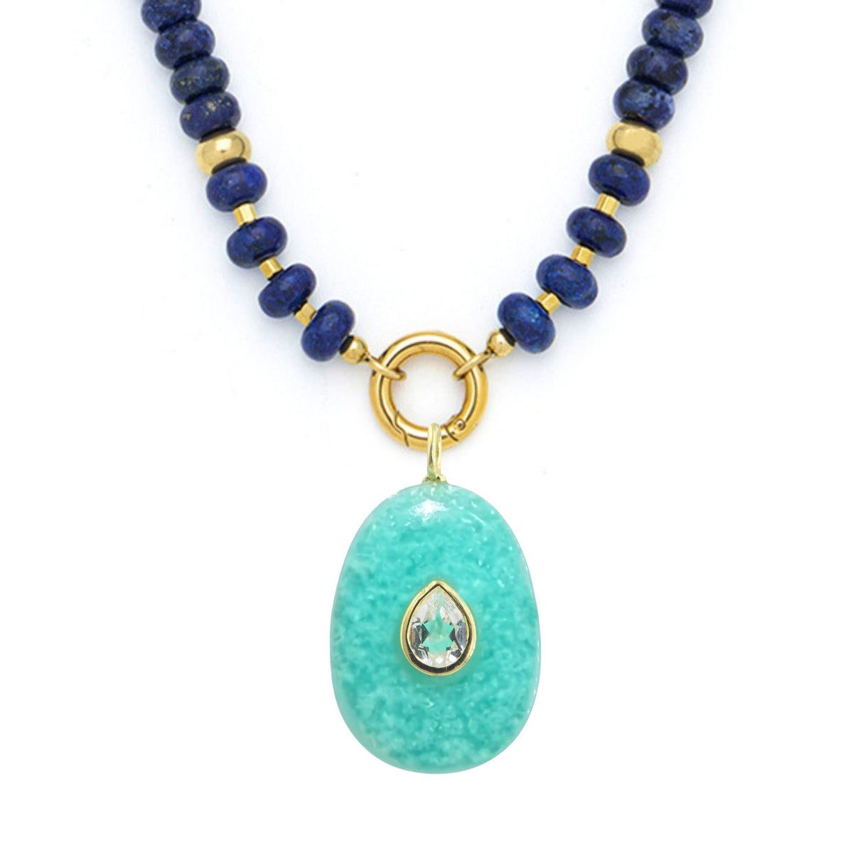 Amazonite Pendant and Raya Gemstone Necklace Large Pear Lapis