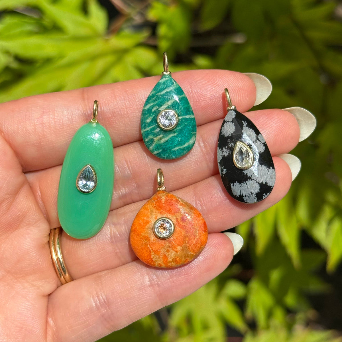 Green Chrysoprase Amazonite Snowflake Obsidian and Coral Gemstone Pendant With Topaz