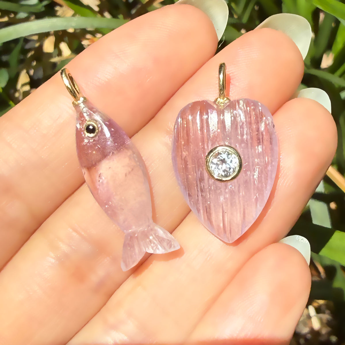 Amethyst Pendant and Raya Gemstone Necklace Fish and Heart