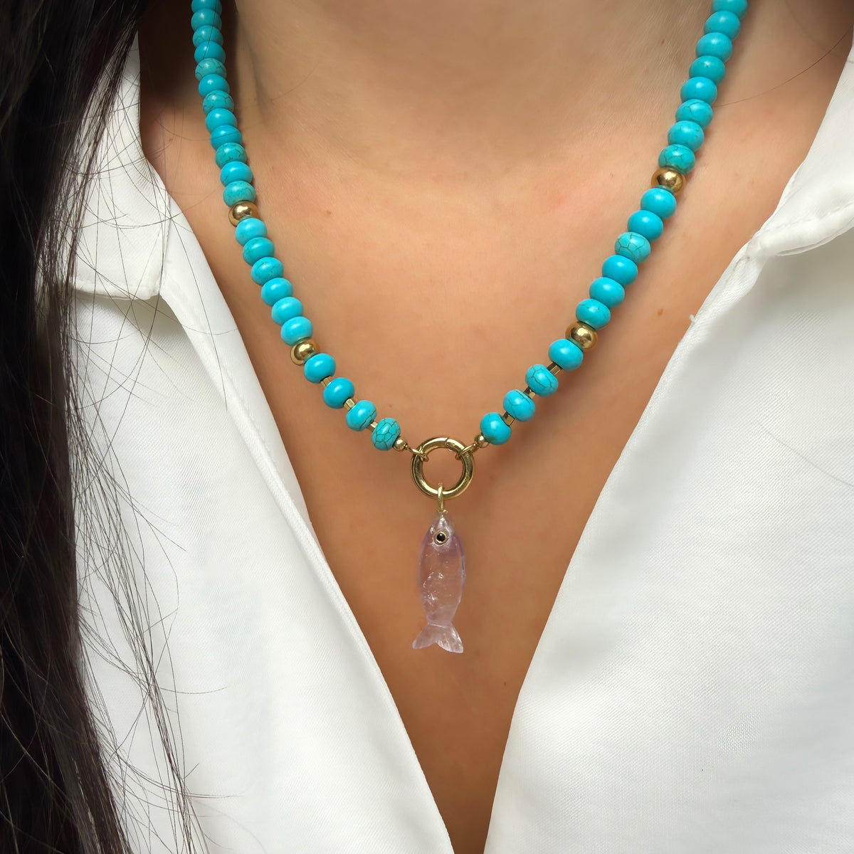 Amethyst Pendant and Raya Gemstone Necklace Fish Turquoise Lifestyle