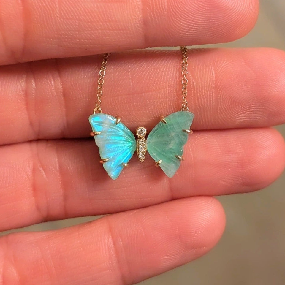 Aqua Moonstone Butterfly Necklace with Diamonds and Prongs