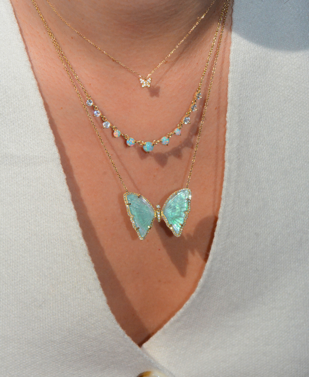 Aqua Green Tourmaline Pearl Doublet Butterfly Necklace With Diamonds