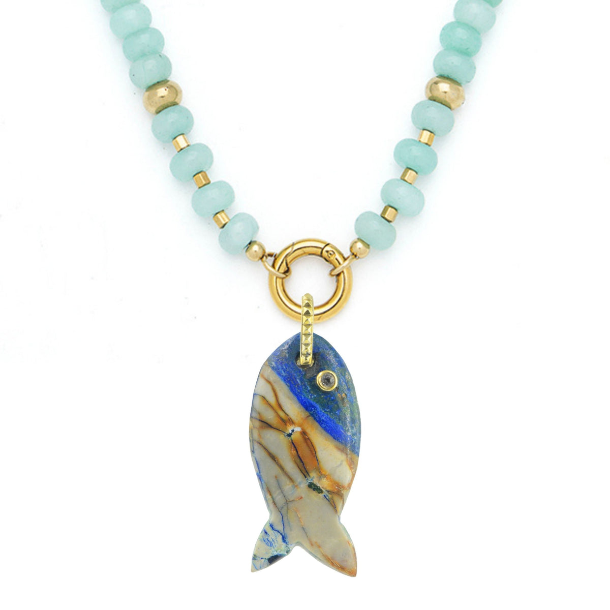 Azurite Fish Pendant and Raya Gemstone Necklace Amazonite