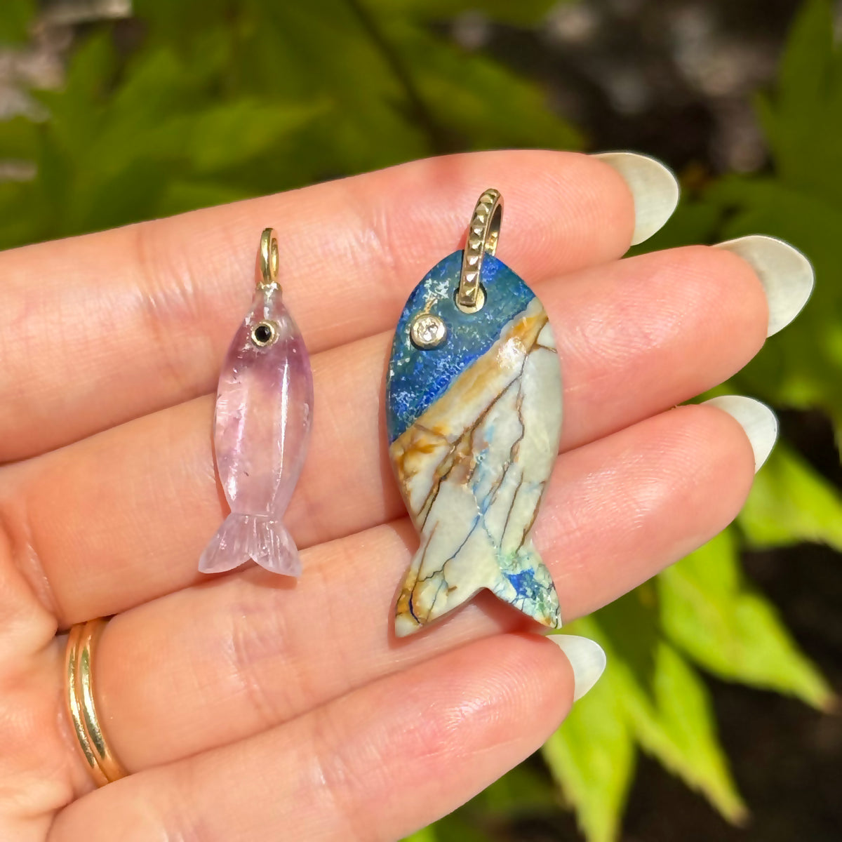 Azurite Fish Gemstone Pendant With Topaz and Amethyst Fish Pendant
