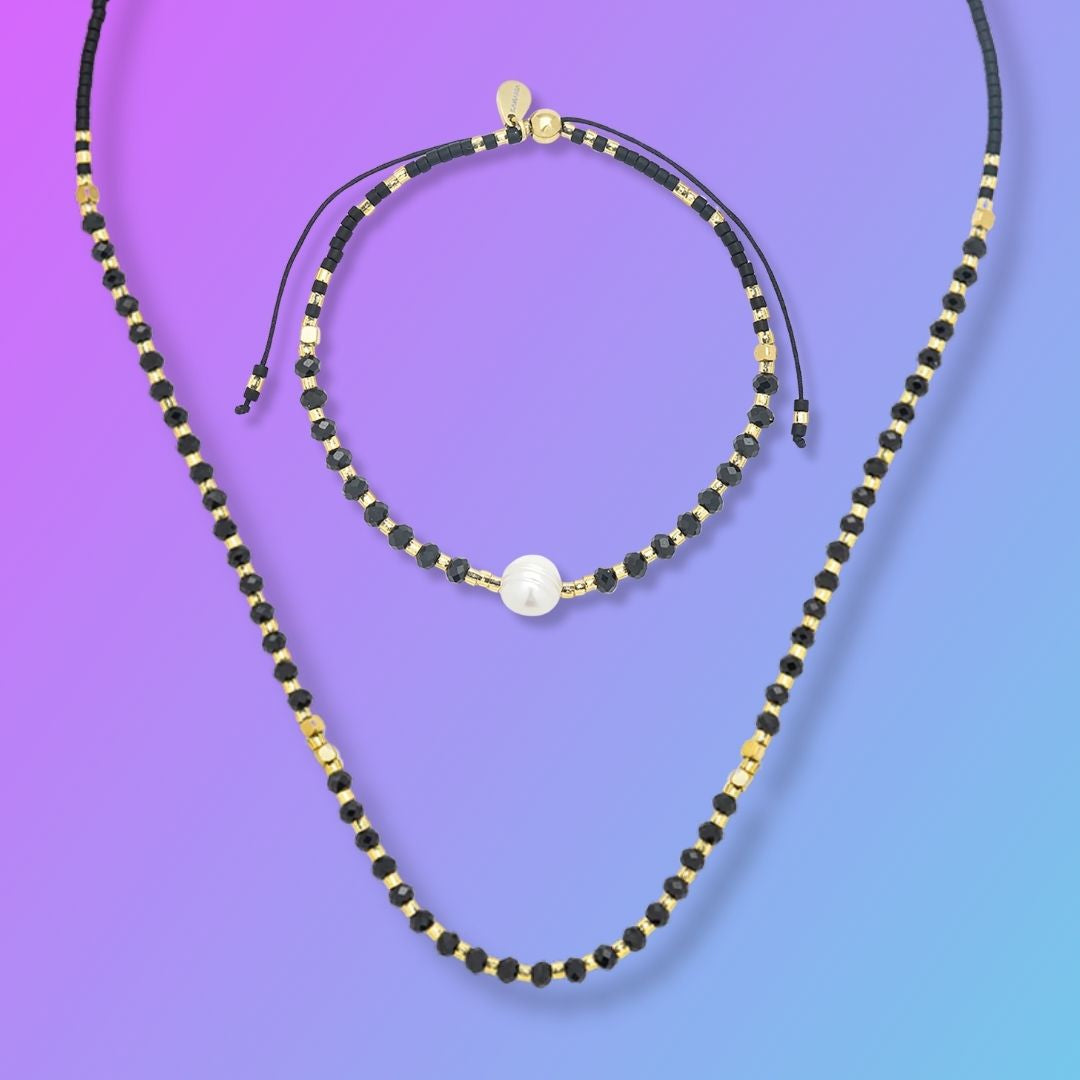 Gift Set | Lumira Necklace with Mini Pearl and Gemstone Adjustable Bracelet