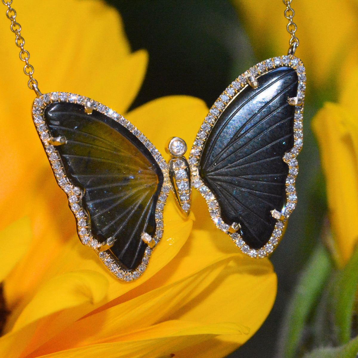 Black Tourmaline Butterfly Necklace With Diamonds