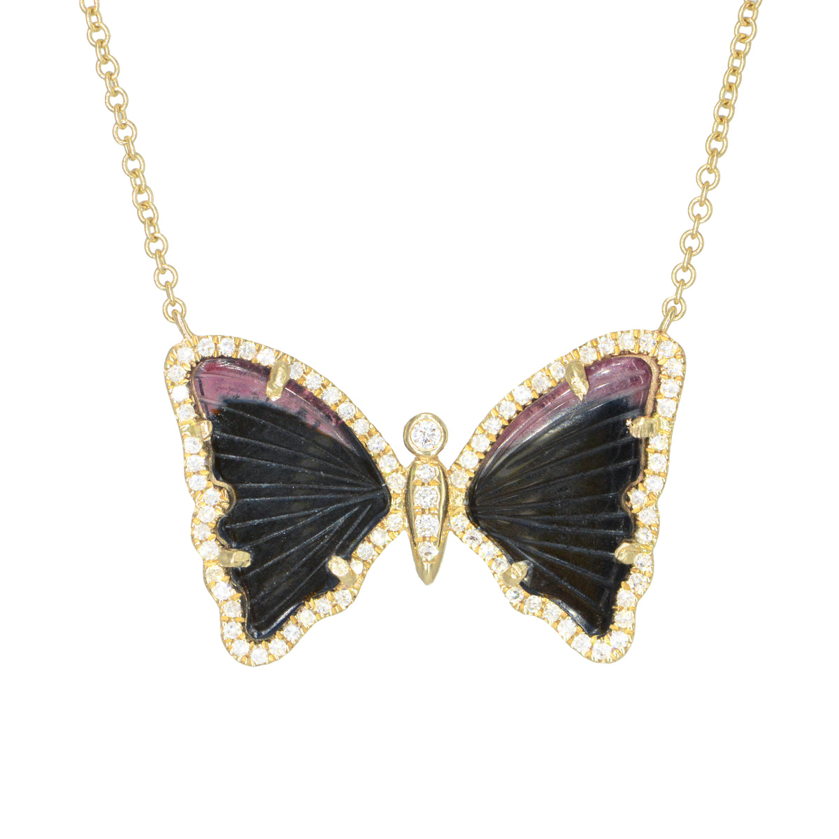 Black Tourmaline Butterfly Necklace With Pink Tips and Diamonds