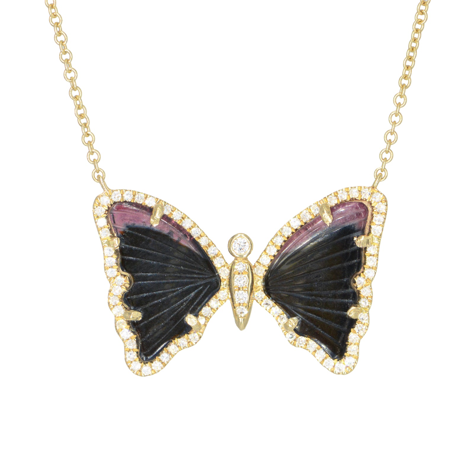 Black Tourmaline Butterfly Necklace With Pink Tips and Diamonds