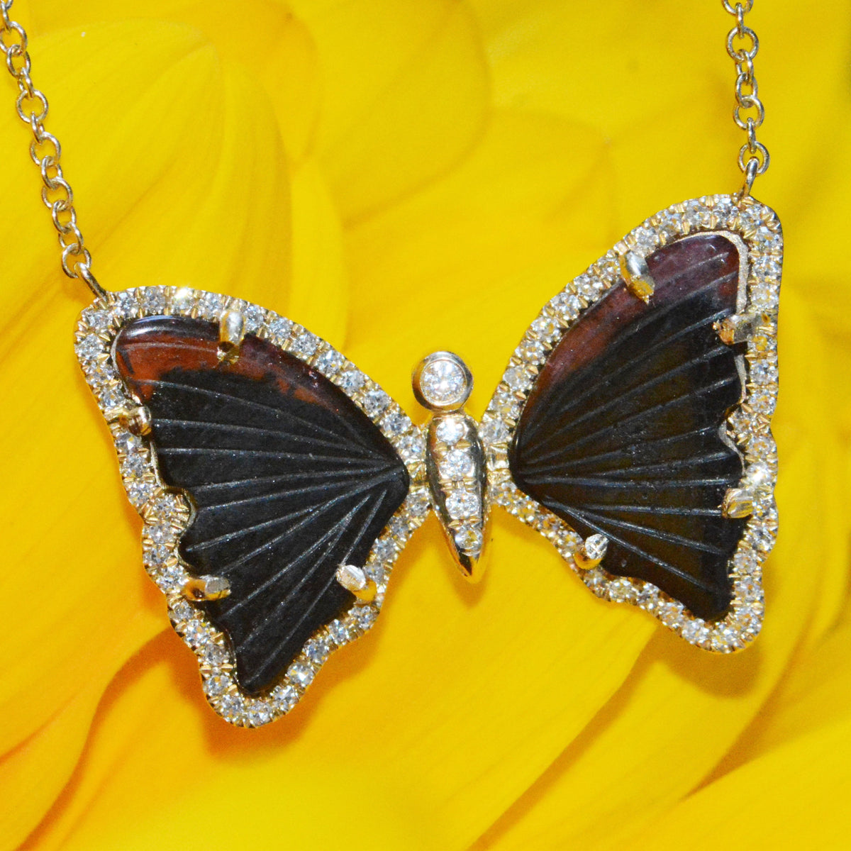 Black and Pink Tipped Tourmaline Butterfly Necklace With Diamonds