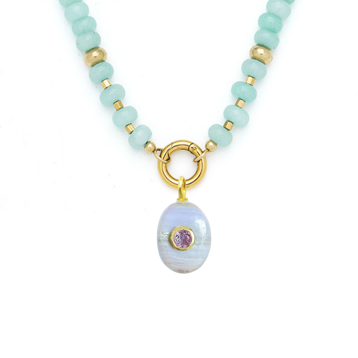 Blue Lace Agate Pendant and Raya Gemstone Necklace