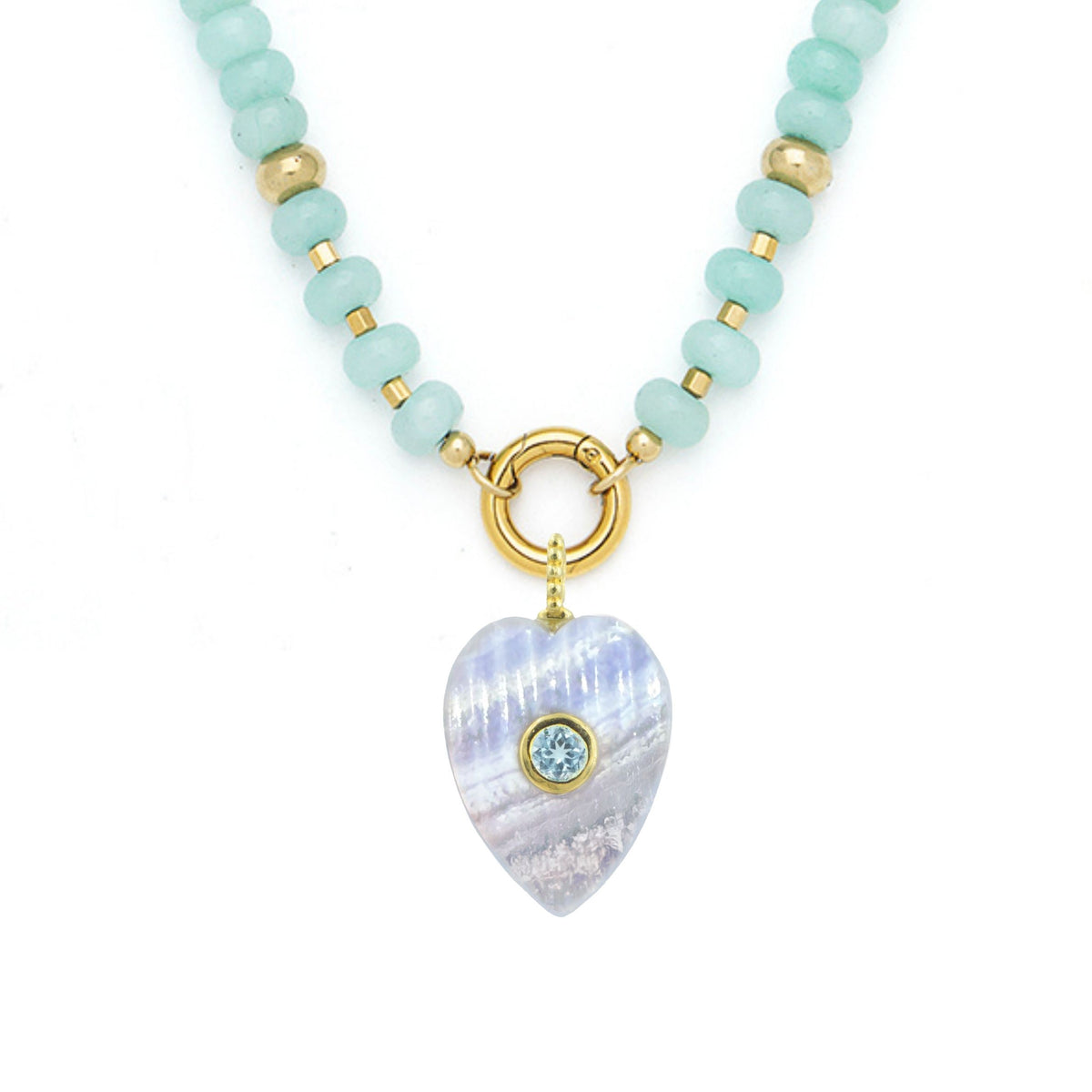 Blue Lace Agate Pendant and Raya Gemstone Necklace Heart Amazonite
