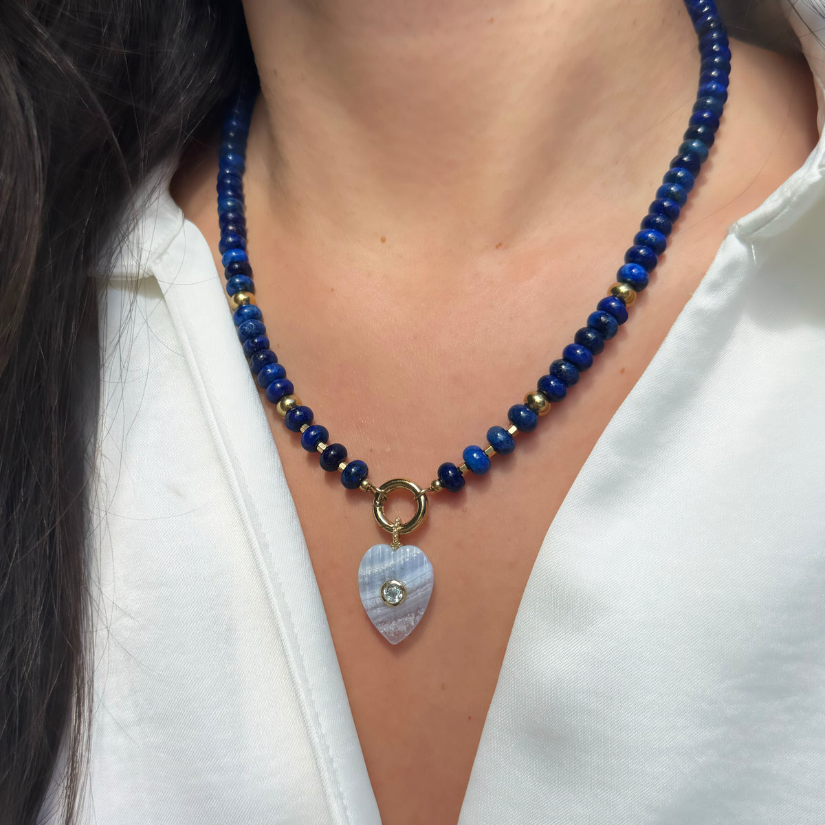 Blue Lace Agate Pendant and Raya Gemstone Necklace Heart Lapis