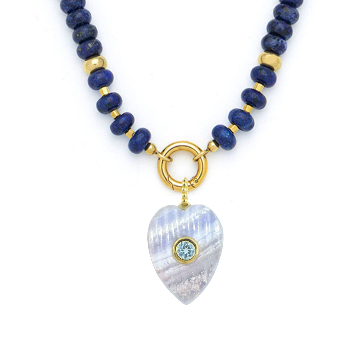 Blue Lace Agate Pendant and Raya Gemstone Necklace Heart Lapis