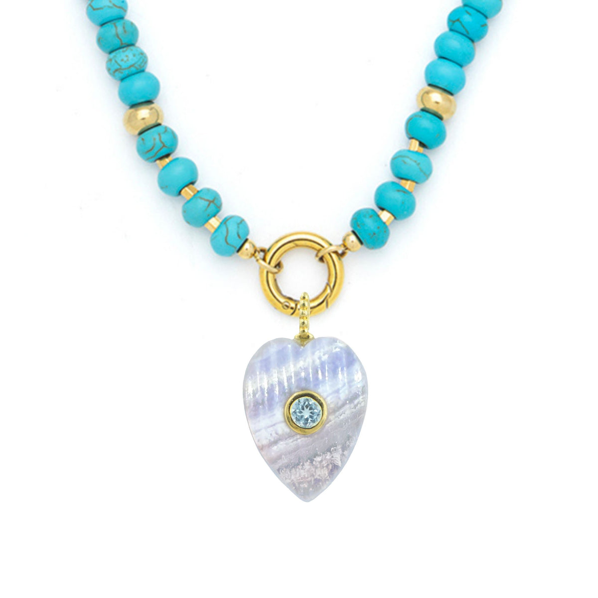 Blue Lace Agate Pendant and Raya Gemstone Necklace Heart Turquoise