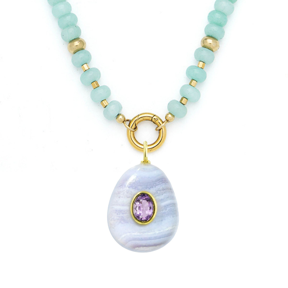 Blue Lace Agate Pendant and Raya Gemstone Necklace Pear Amazonite