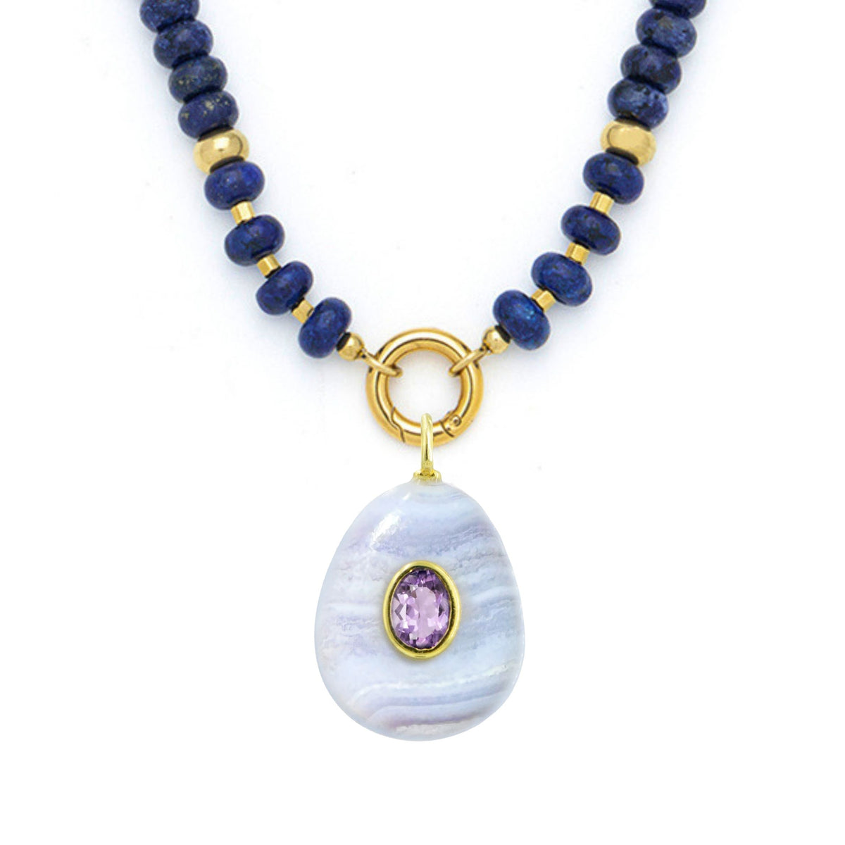 Blue Lace Agate Pendant and Raya Gemstone Necklace Pear Lapis
