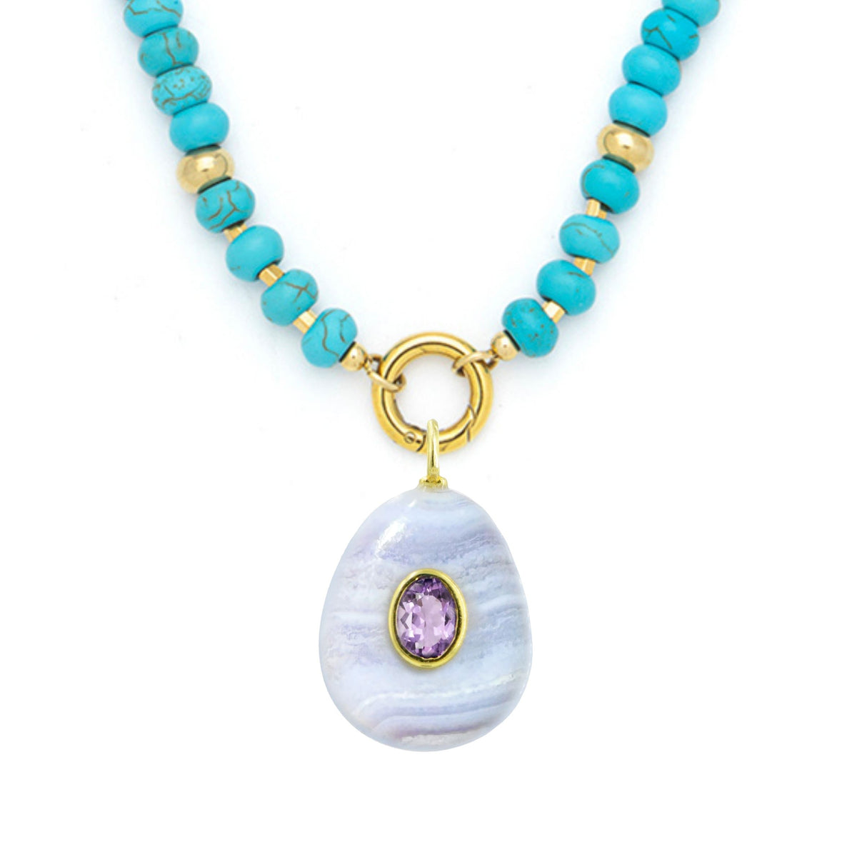 Blue Lace Agate Pendant and Raya Gemstone Necklace Pear Turquoise