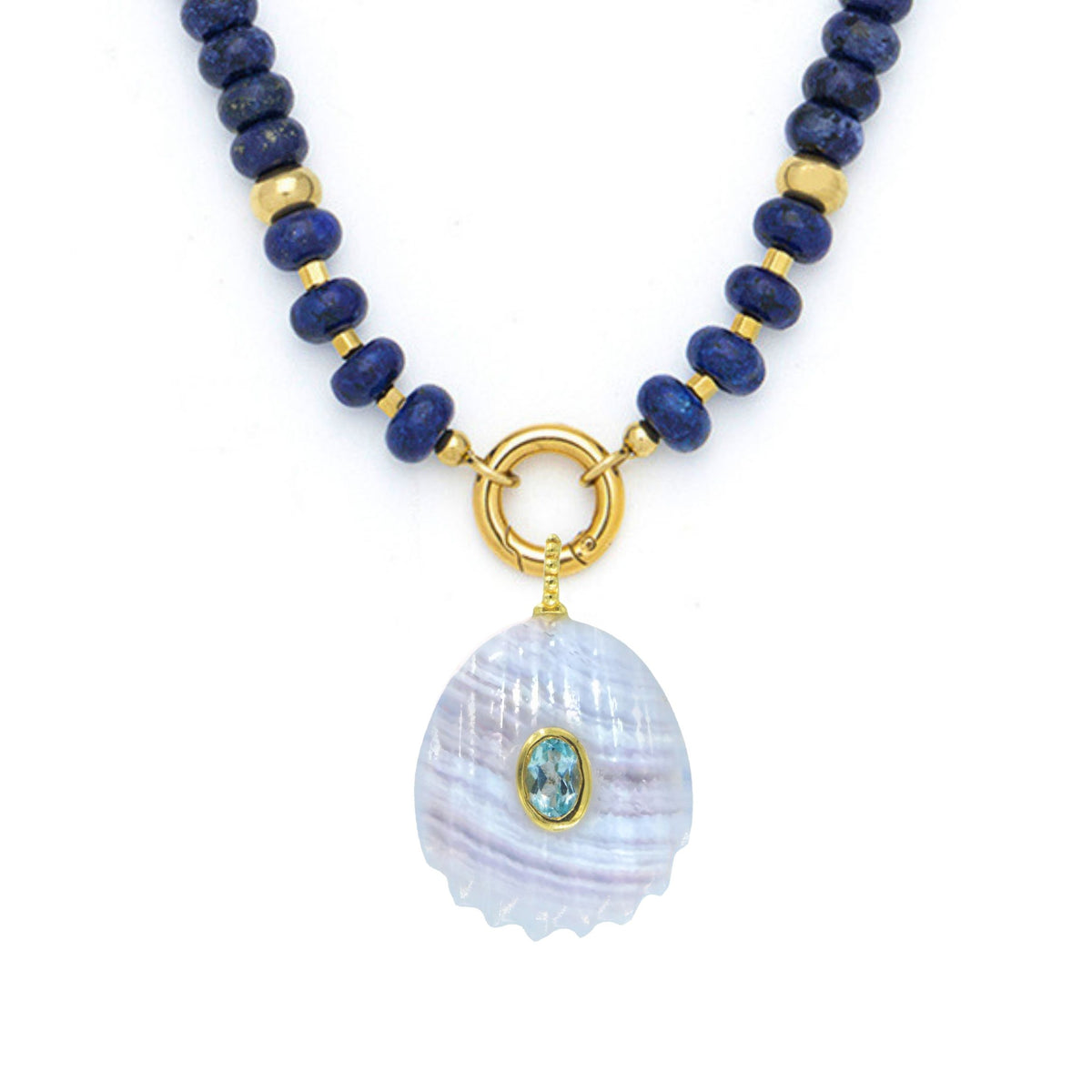Blue Lace Agate Pendant and Raya Gemstone Necklace Shell Lapis