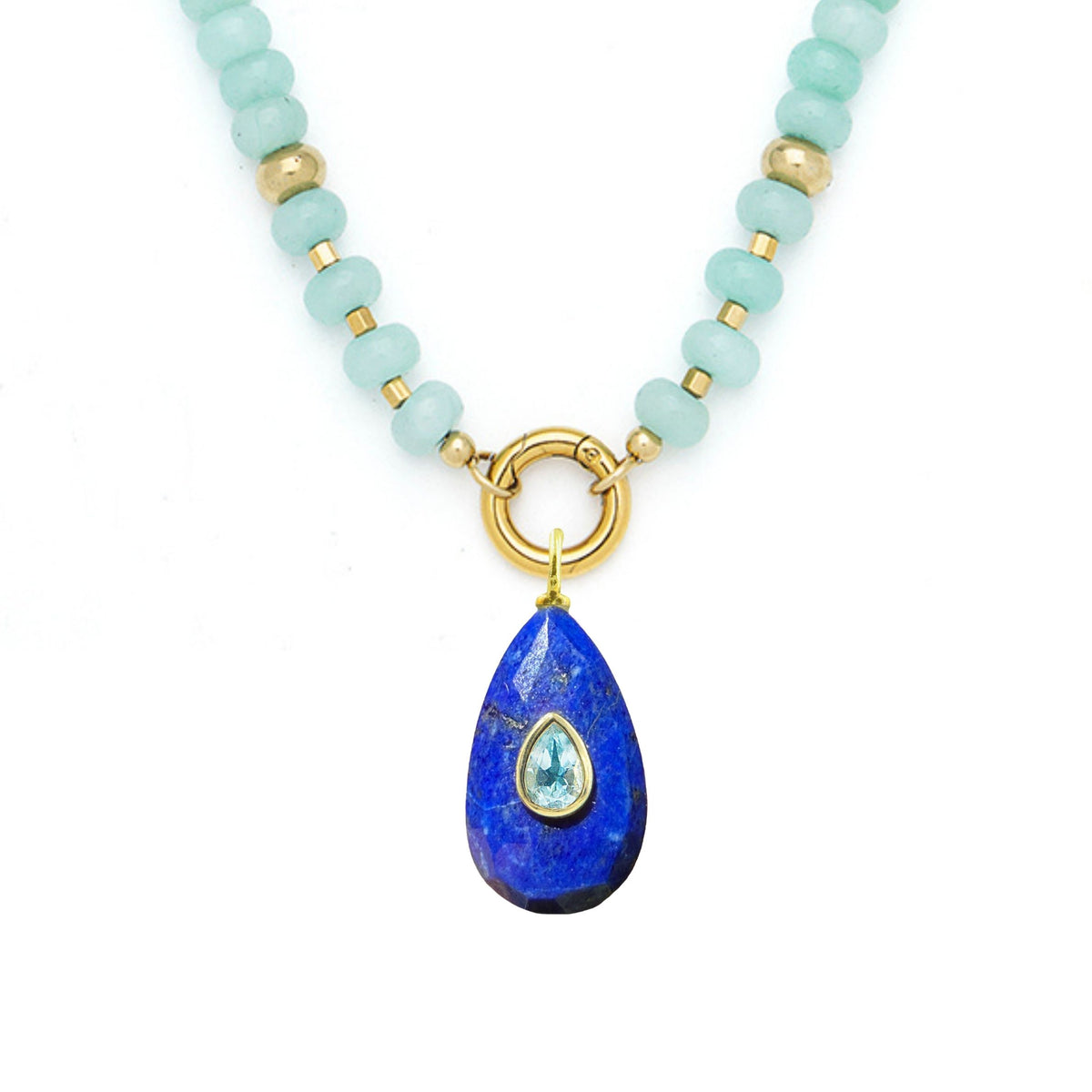 Blue Lapis Pendant and Raya Gemstone Necklace Elongated Pear Amazonite