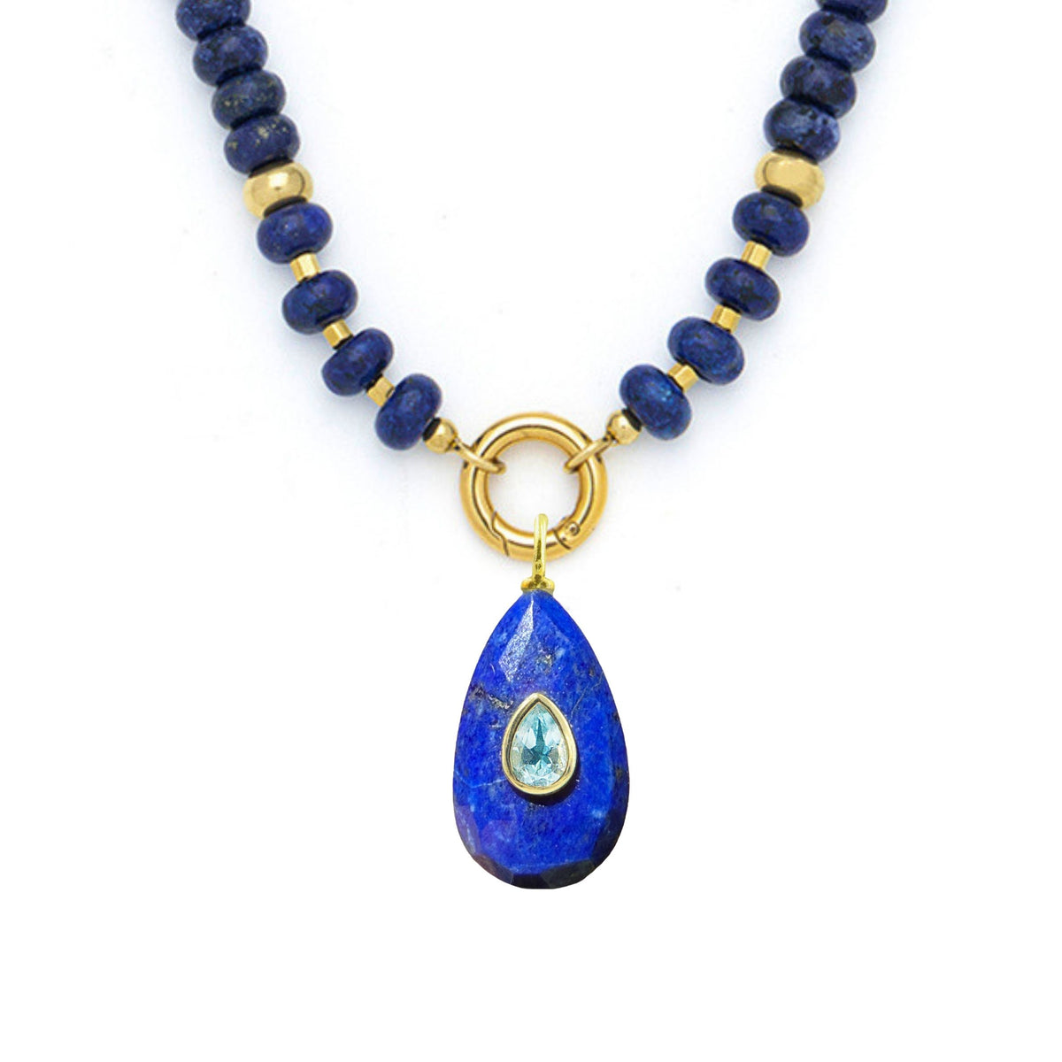Blue Lapis Pendant and Raya Gemstone Necklace Elongated Pear Lapis