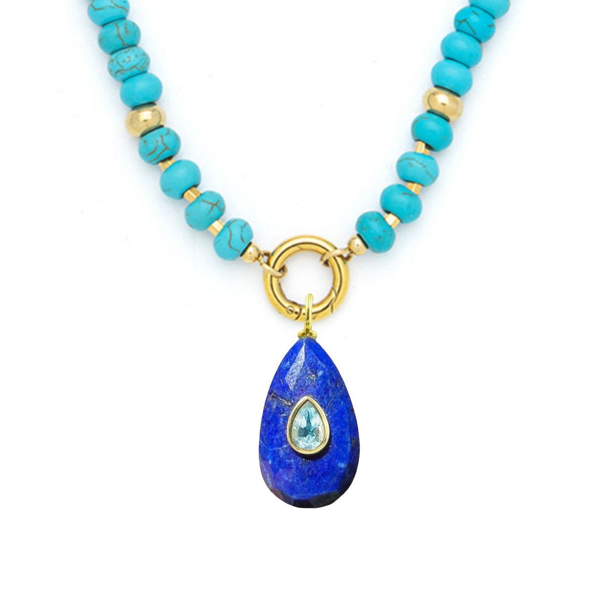 Blue Lapis Pendant and Raya Gemstone Necklace Elongated Pear Turquoise