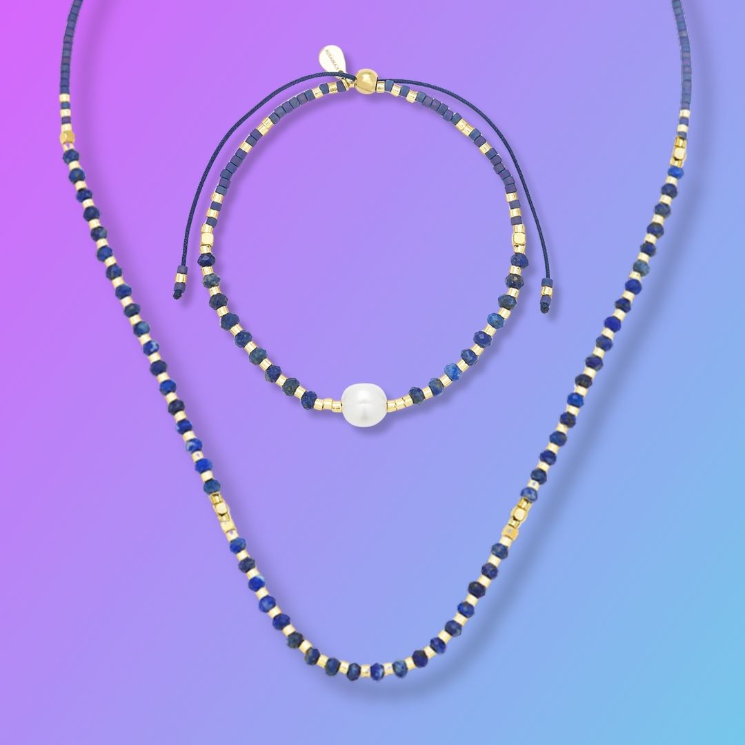 Gift Set | Lumira Necklace with Mini Pearl and Gemstone Adjustable Bracelet