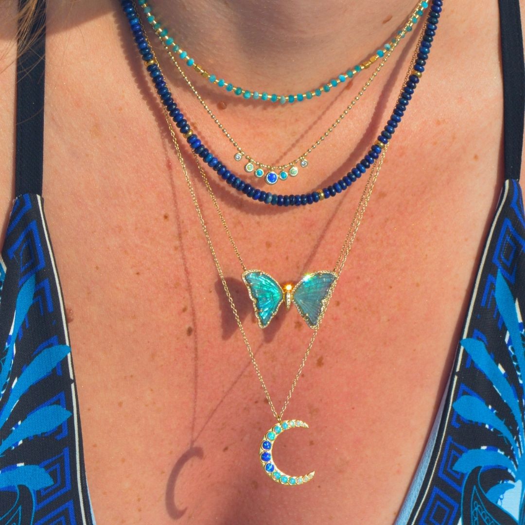 blue lapis and blue tourmaline pearl butterfly necklace with diamonds layered with blue apatite and blue opal necklace moon