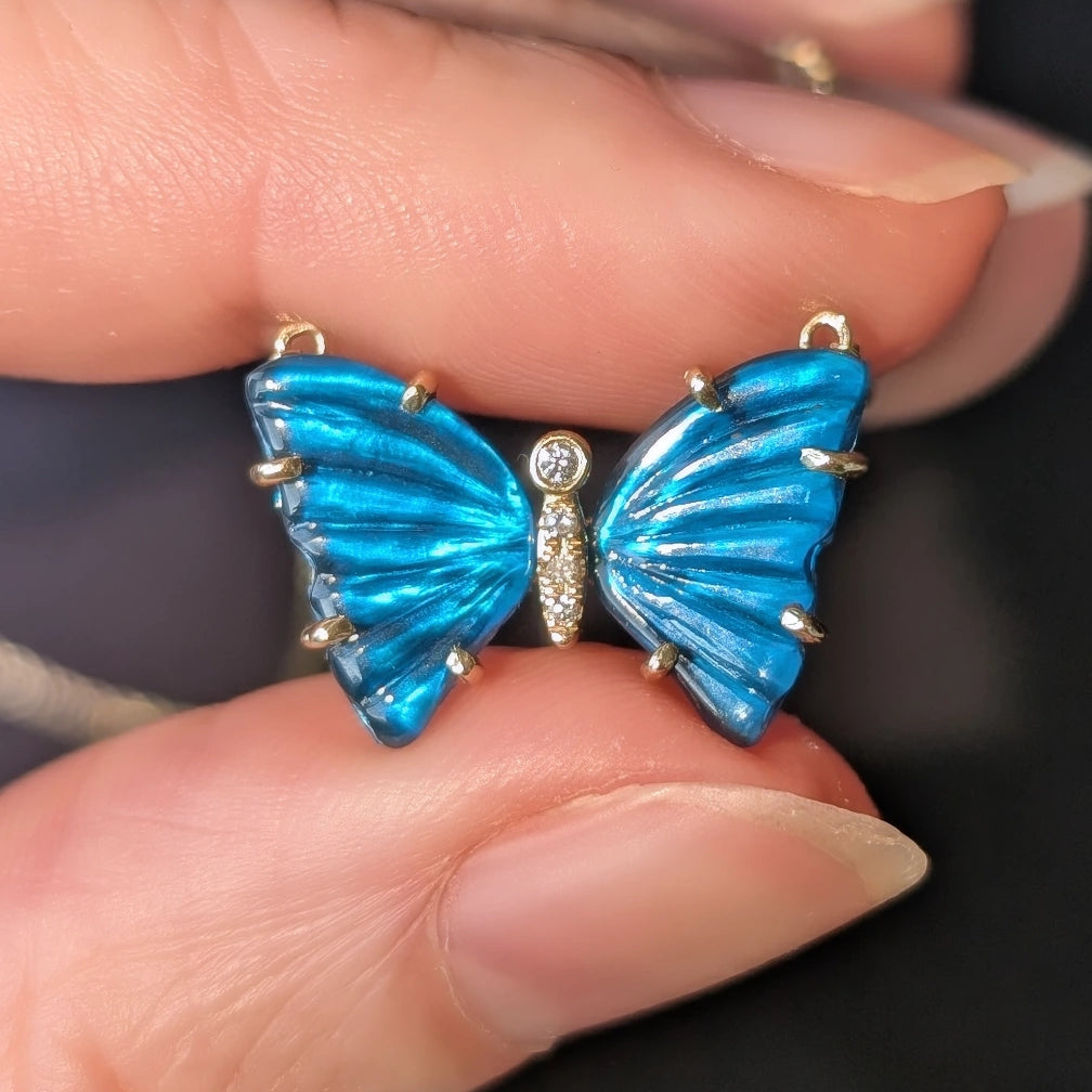 Blue Morpho Butterfly Necklace with Diamonds and Prongs - London Blue Topaz
